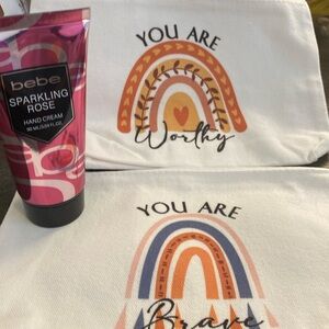 Bebe Pink Sparkling Rose Hand Cream with Rainbow Canvas Pouches
